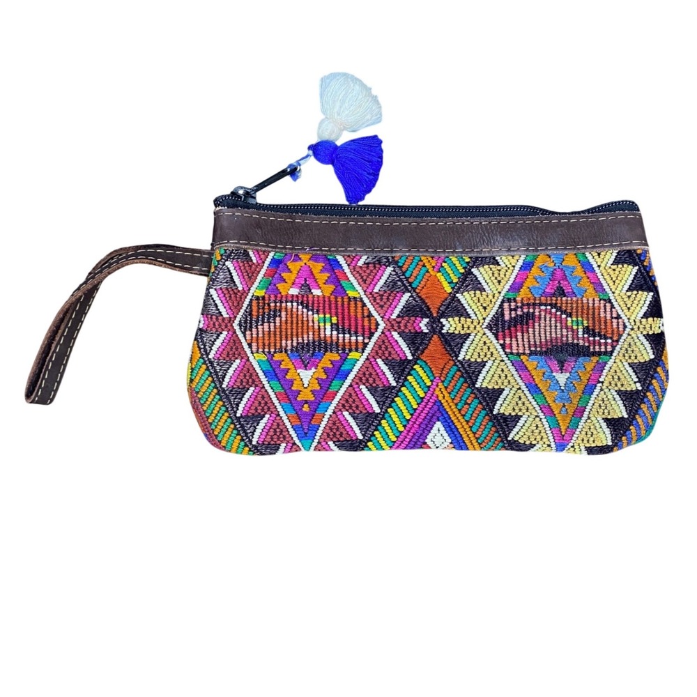 Nena & Co Huipil Geometric Woven Wristlet Pouch Leather Trim Tassels Multicolor